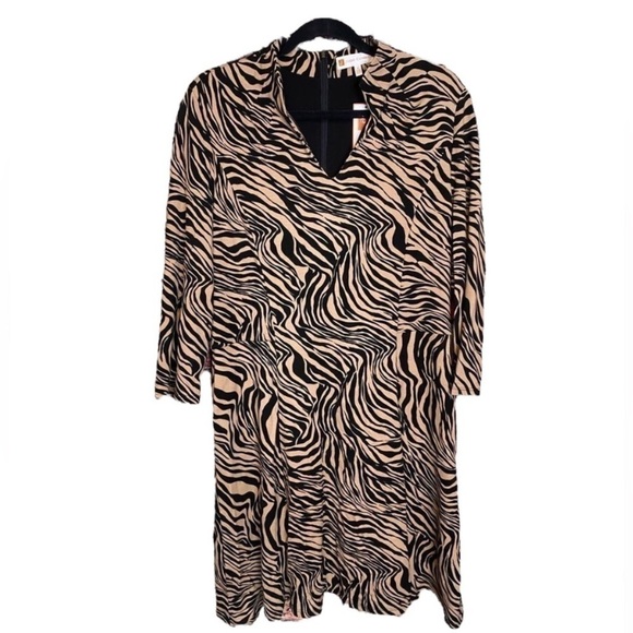 Jude Connally Black Tan Animal Print Stretch Midi Oversized Dress Size M - Picture 2 of 16